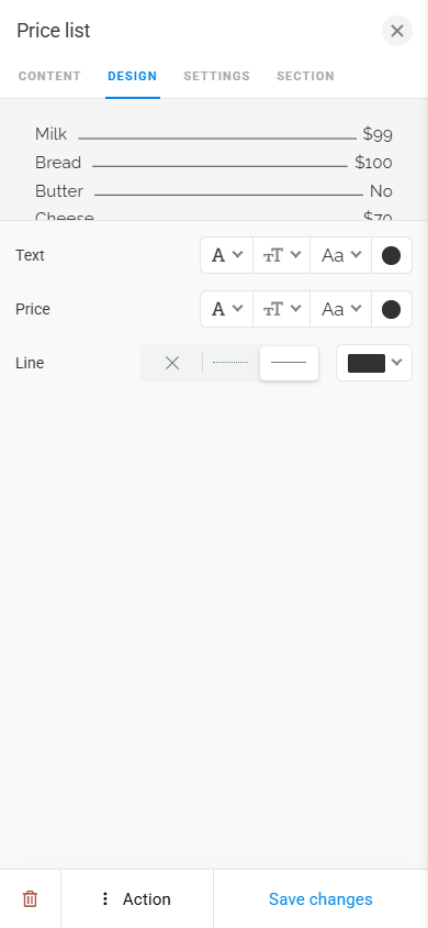 Price list block design settings in the Taplink link-in-bio tool