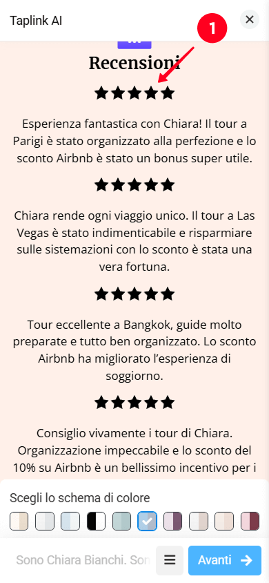 Tocco della sezione Recensioni nell’editor della pagina Taplink AI