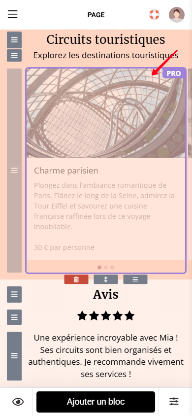 Un bloc Carrousel d'images avec une étiquette Pro dans l’éditeur de page Taplink