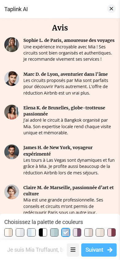 La section Avis avec une mise en page comprenant une petite image, un nom et du texte