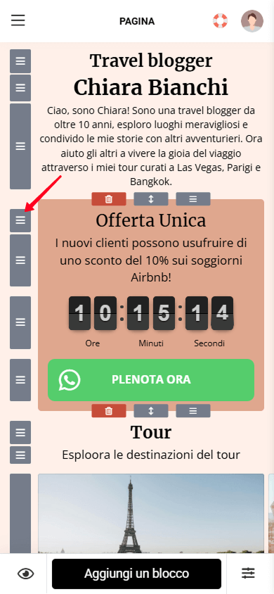 Tenere premuta l’icona di trascinamento per spostare un blocco in Taplink
