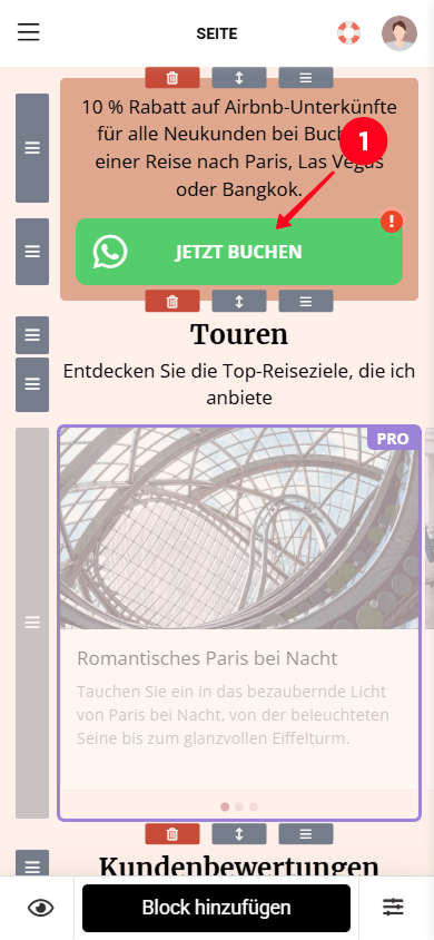 Tippen auf den Messaging-App-Block im Taplink-Page-Builder