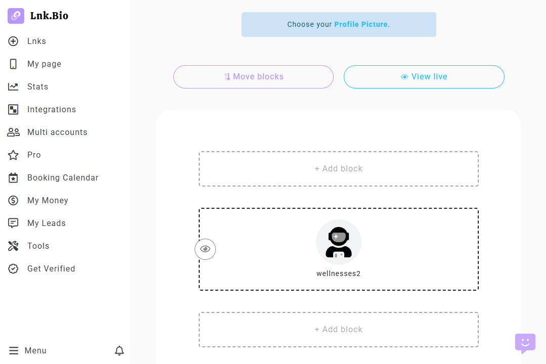 The page settings interface in the Lnk.Bio link in bio tool