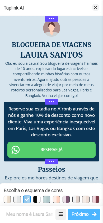 Uma interface de editor de página no Taplink AI