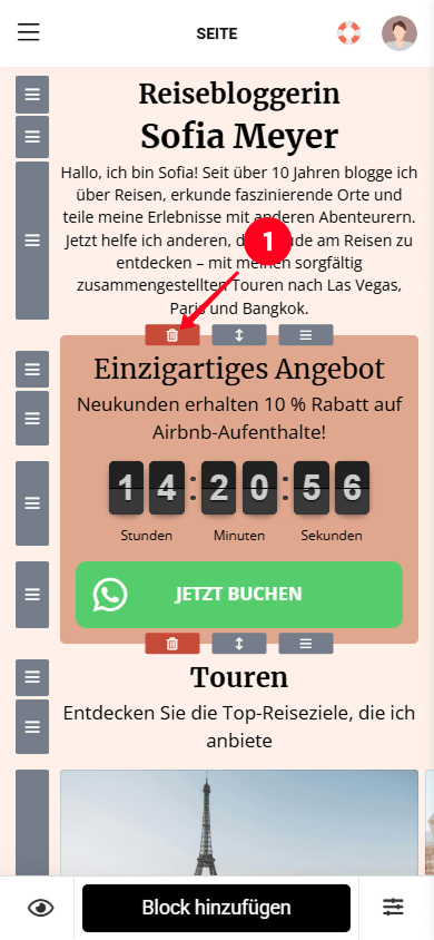 Tippen auf das Mülleimer-Symbol zum Löschen eines Abschnitts im Taplink-Builder