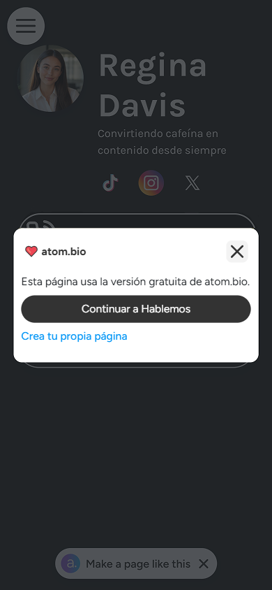 Una notificación emergente en la página atom.bio