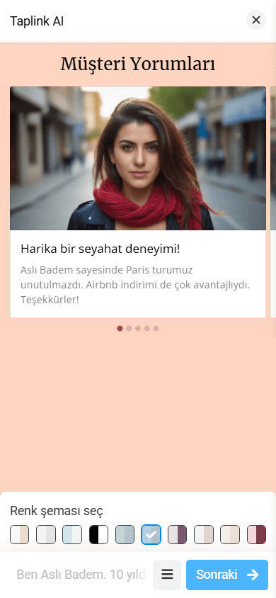 Yorumlar bölümünde büyük görsel, isim ve metin bulunan düzen
