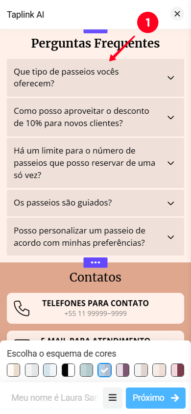 Tocando na seção FAQ na interface da página Taplink AI