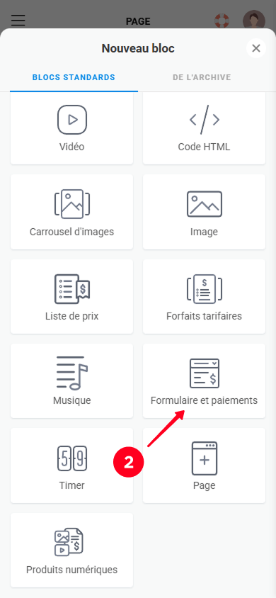 Sélectionner le bloc Formulaire et paiements dans la bibliothèque de blocs de contenu Taplink