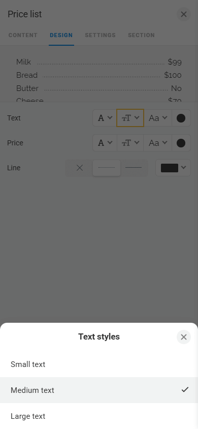 Text style customization window in the Price list block