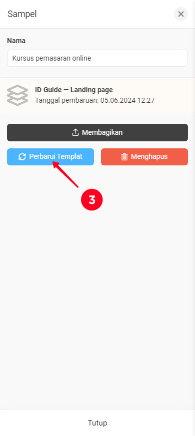 Mengetuk Perbarui templat di menu berbagi templat