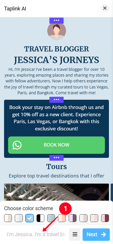 Tapping the business description field in the Taplink AI interface