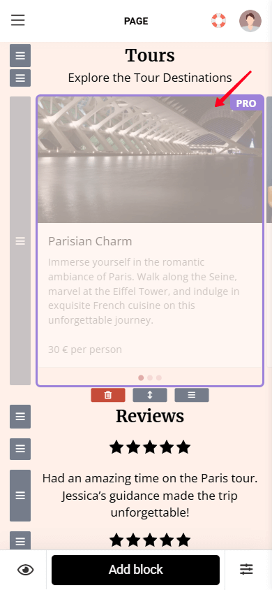 An Image carousel block highlighted with a Pro label in the Taplink page editor