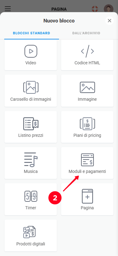 Selezione del blocco Moduli e pagamenti nella libreria dei blocchi di contenuto Taplink