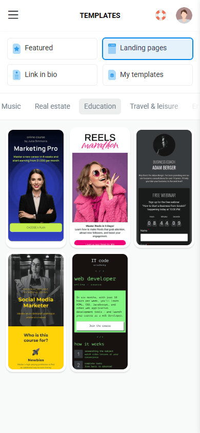 Landing page templates for the education industry in Taplink