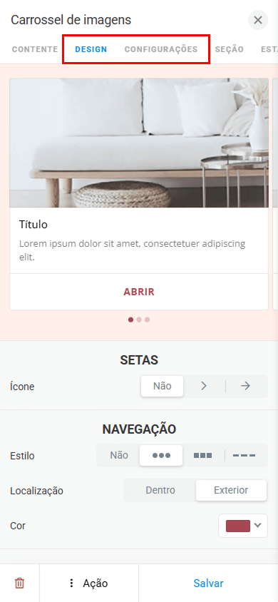 As abas Design e Configurações destacadas nas configurações do bloco Carrossel de imagens