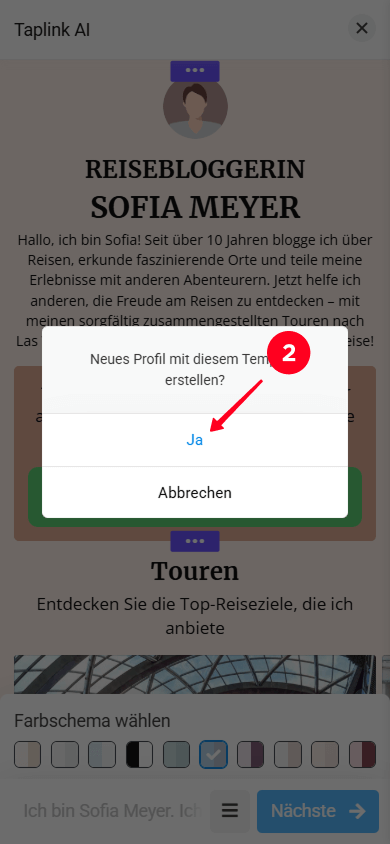 Auswählen von „Ja“ im Pop-up-Fenster in Taplink AI