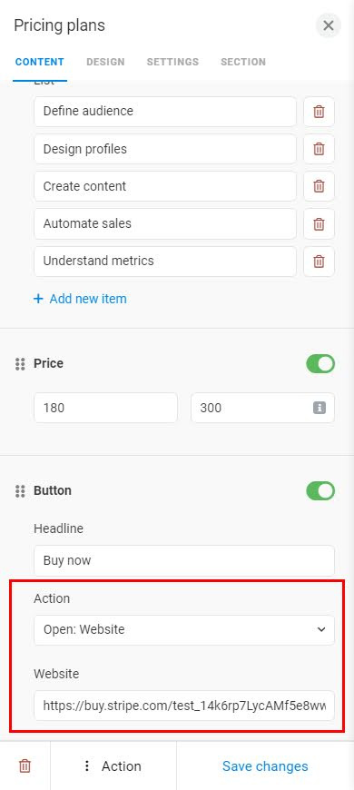 Highlighted Action and Website fields in the pricing plan settings