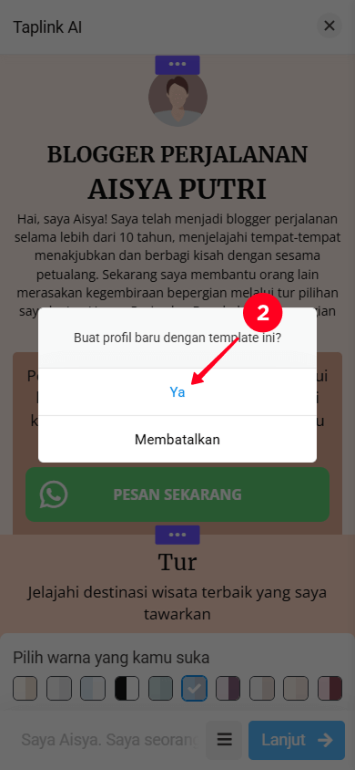 Memilih Ya di jendela pop-up di Taplink AI