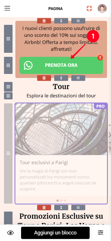 Tocco del blocco App di messaggistica nel builder della pagina Taplink