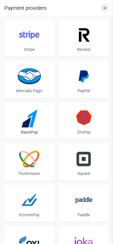 First part of payment providers supported by Taplink