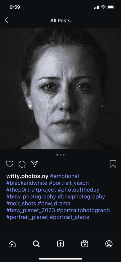 A photo post of a tearful woman and portrait hashtags on the photographer’s Instagram profile
