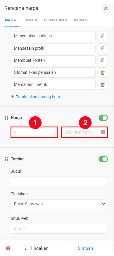 Mengisi kolom kedua pada bagian harga di editor Taplink