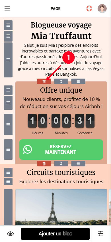 Appuyer sur l’icône de la corbeille pour supprimer une section dans le créateur Taplink