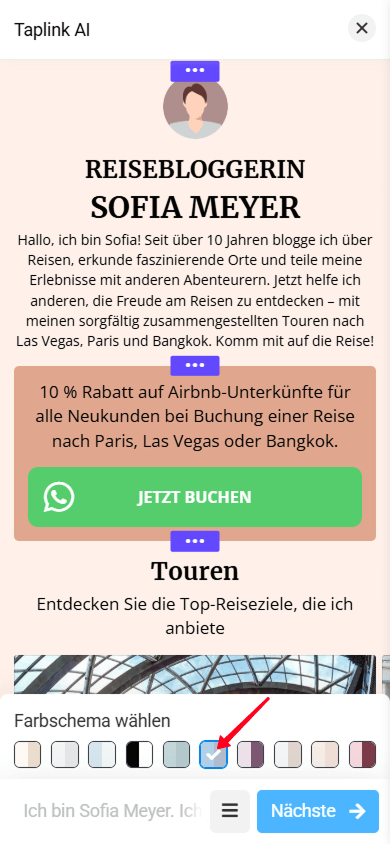 Eine orangefarbene Seite in der Taplink AI-Oberfläche