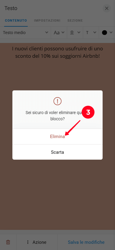 Selezione di Elimina nella finestra pop-up nelle impostazioni del blocco Testo