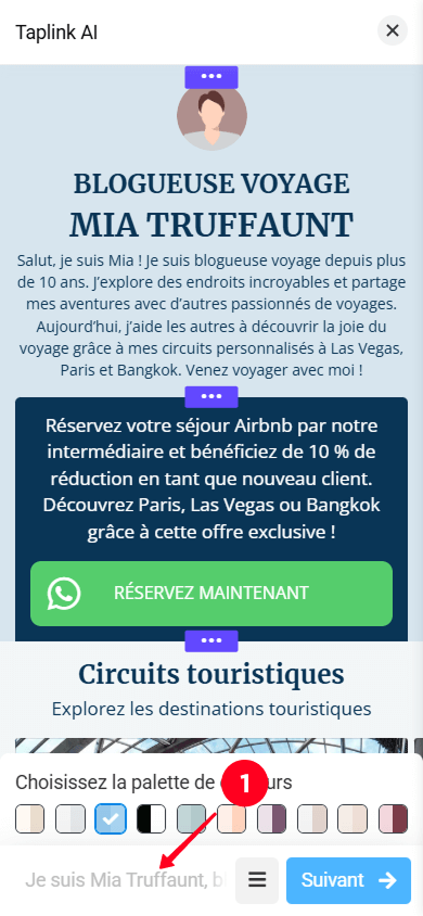 Appuyer sur le champ de description de l’entreprise dans l’interface de Taplink AI