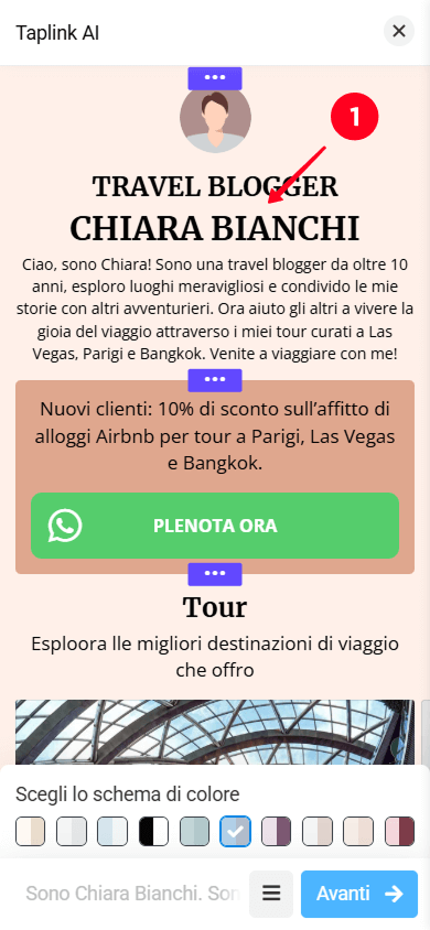 Tocco della sezione nell’interfaccia Taplink AI