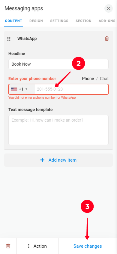 Entering a phone number and tapping Save changes in the Messaging apps block settings