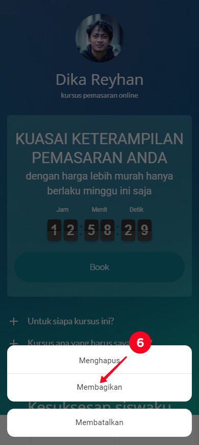 Memilih Bagikan di menu template Taplink