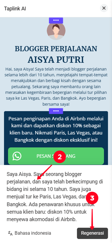 Mengedit deskripsi bisnis dan mengetuk tombol Regenerasi di Taplink AI