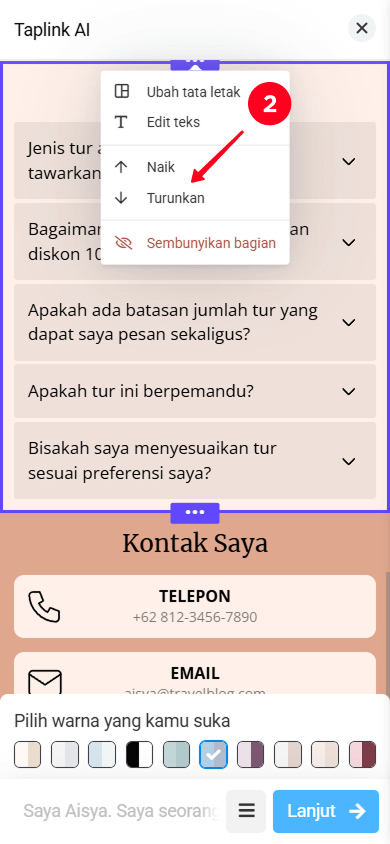 Memilih Naik dan Turunkan di menu pengaturan bagian