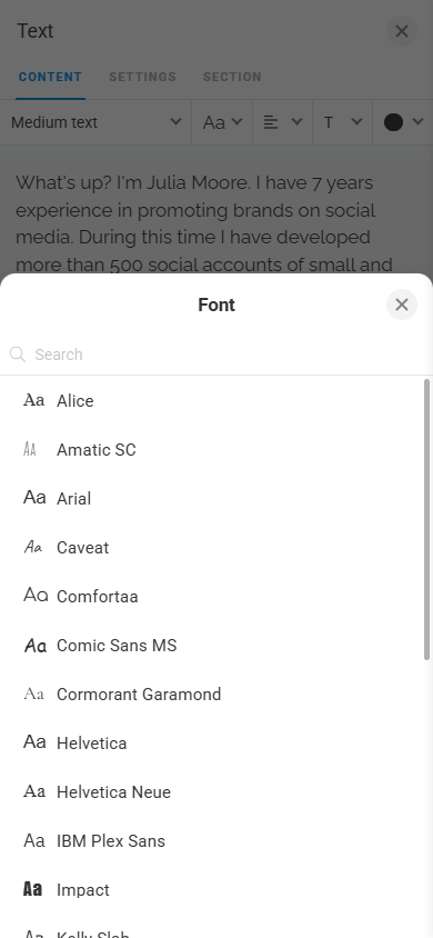 Text font settings window in the Text block