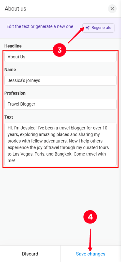 Editing text, tapping the Regenerate button, and saving changes in the About us section settings window