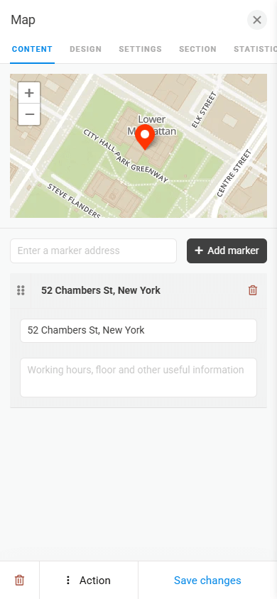 The Map block content customization page in Taplink