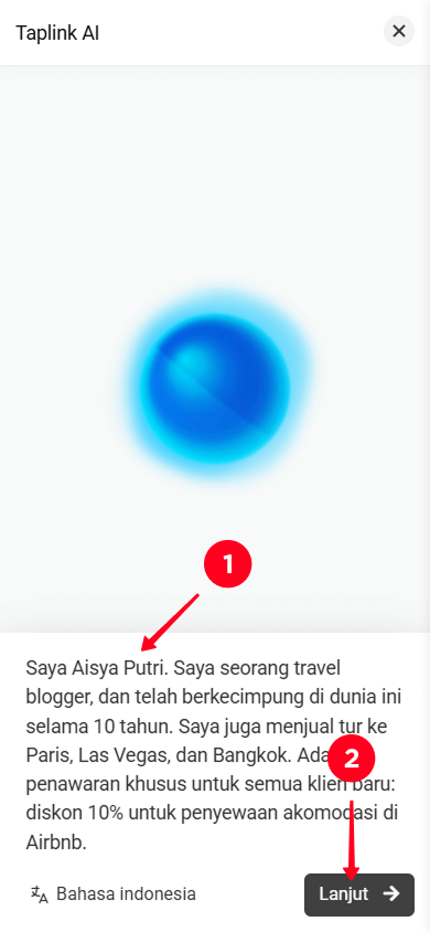 Memasukkan deskripsi bisnis dan mengetuk tombol Lanjut di Taplink AI