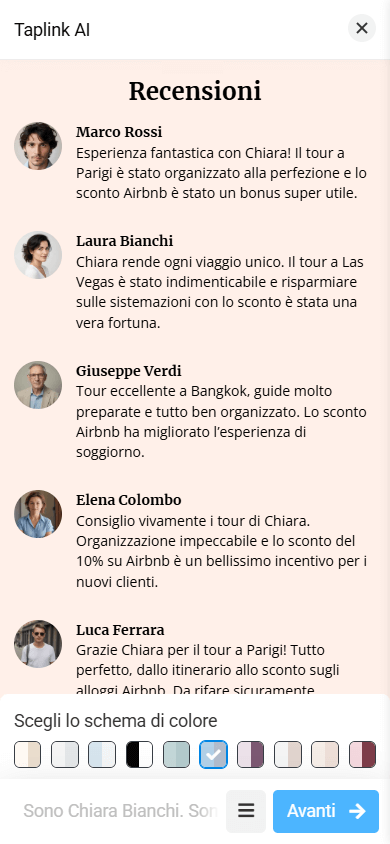 La sezione Recensioni con un layout che include un’immagine piccola, un nome e testo