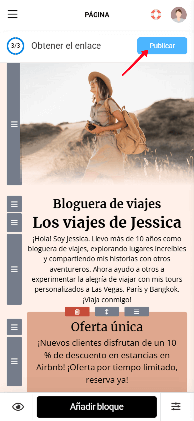 Tocando el botón Publicar en el editor de páginas de Taplink
