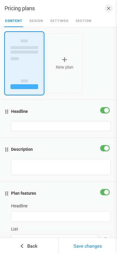 Pricing plan content customization page featuring slide number settings and fields for a heading, description, and plan features
