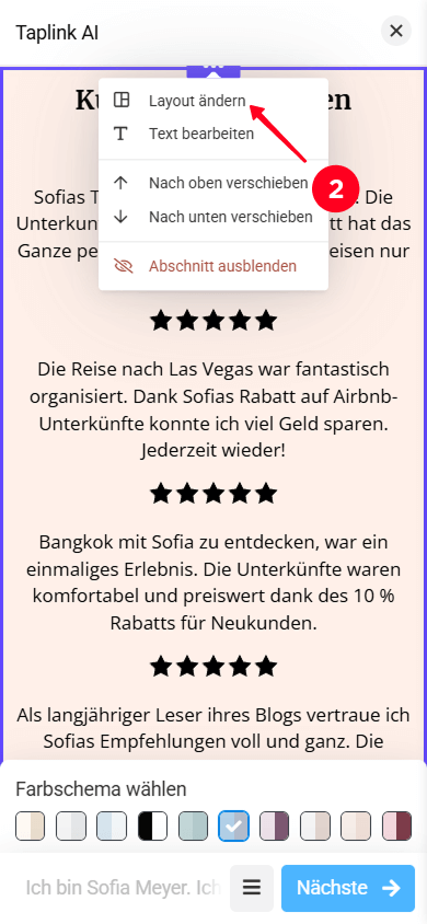 Auswählen von Layout ändern im Dropdown-Menü der Abschnitts­einstellungen