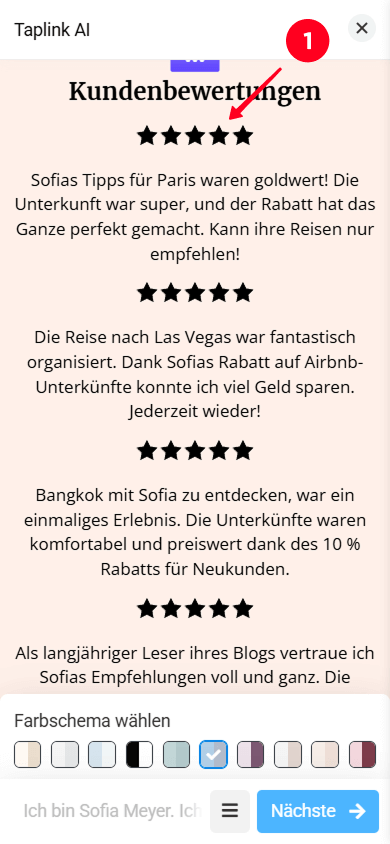 Tippen auf den Bewertungen-Abschnitt im Taplink AI-Seiteneditor