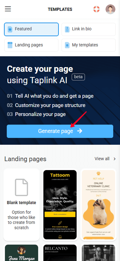Tapping the Generate page button in the Taplink interface