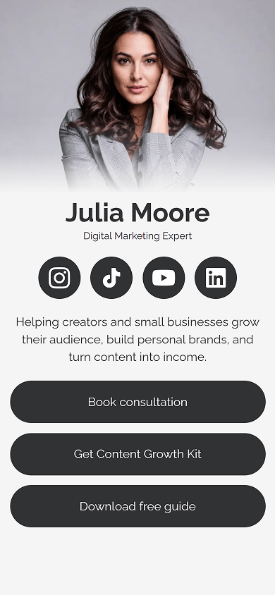 Digital marketer’s link-in-bio page created with Taplink