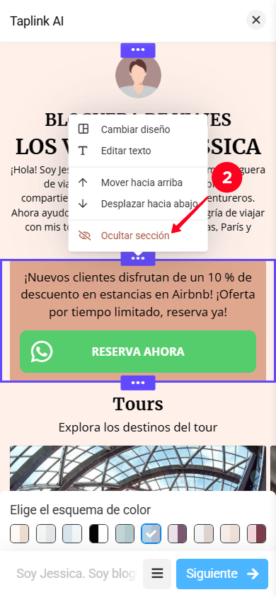 Seleccionando la opción Ocultar sección en el menú desplegable de configuración de secciones