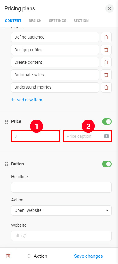 Filling in the second field in the price section in the Taplink editor