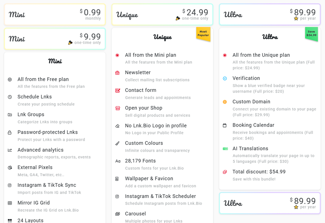 Lnk.Bio pricing plans, including Mini, Unique, and Ultra options